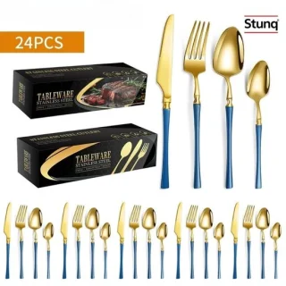 Stunq 24-delige bestekset RVS goud-blauw