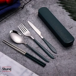 Stunq 4-delige bestekset donkergroen met case