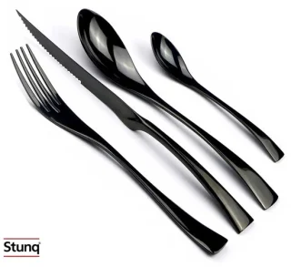 Stunq® 4-delige RVS bestekset zwart: mes, vork, lepel, theelepel