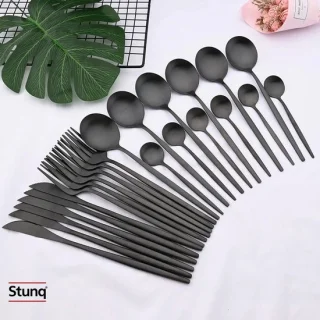 Stunq® bestekset 24-delig mat zwart Rvs (6 messen, vorken, lepels)