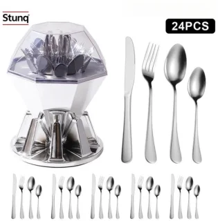 Stunq® bestekset 24-delig roestvrij staal met draaiende transparante houder