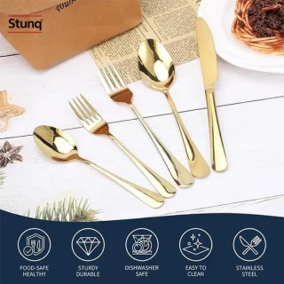 Stunq gouden bestekset 4-delig – rvs mes, vork en lepel