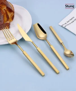 Stunq® Gouden bestekset kubus handvat RVS 304, 4-delig