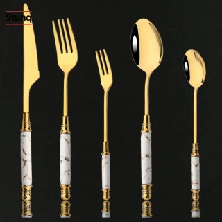 Stunq® gouden bestekset vintage met marmeren handvatten