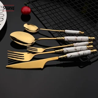 Stunq® gouden bestekset vintage met marmeren handvatten