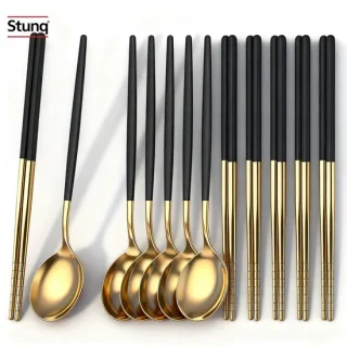 Stunq® luxe bestekset zwart goud - rvs eetstokjes en lepels