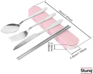 Stunq® roestvrijstalen bestekset 4-delig met opbergdoos – roze