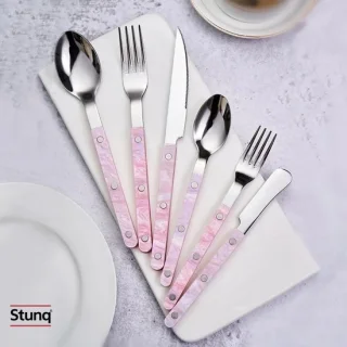 Stunq roze bestekset 6-delig, 304 RVS met gemarmerde handvatten