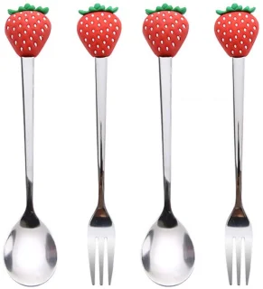 Vierdelige aardbeienvork- en lepelset van roestvrij staal