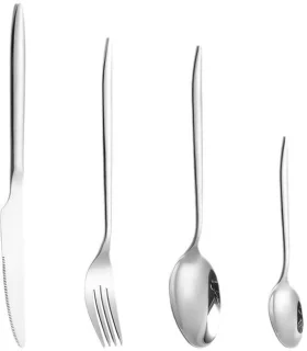 Vierdelige roestvrijstalen bestekset met puntige handvatten: mes, vork, lepel en dessertlepel (20 cm)