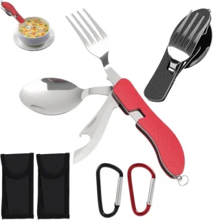 Vouwbaar bestekset voor kamperen met mes, vork, lepel en flesopener - RVS