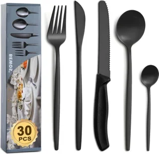 Zwarte bestekset 30-delig voor 6 personen met steakmessen