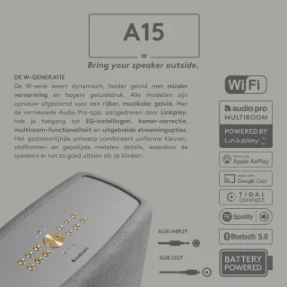 Audio Pro A15 W Draagbare Smart Multiroom Actieve Luidspreker - Audio Pro Multiroom (Linkplay) - Ruimtecorrectie - Waterbestendig IPX2 - Grijs