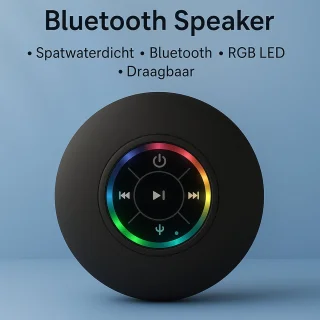 JustValue Douche Speaker - 6 x 6 x 3 CM - Bluetooth Badkamer Speaker - Waterproof - RGB Led Verlichting - Zwart