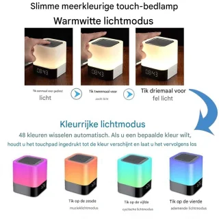 5-in-1 Bluetooth Speaker met LED Lamp, Wekker, Touch Bediening & 48 Kleuren – Draadloos, USB/TF/AUX, Handsfree Bellen