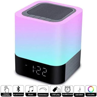 5-in-1 Bluetooth Speaker met LED Lamp, Wekker, Touch Bediening & 48 Kleuren – Draadloos, USB/TF/AUX, Handsfree Bellen