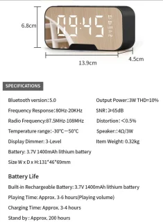 Digitale wekker met bluetooth speaker, radio, spiegel en TF ingang. zwart