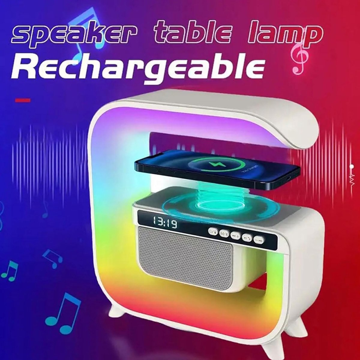 De Big G Bluetooth 3-in-1 Speaker, Wekker en LED Bureaulamp Wit in één oogopslag