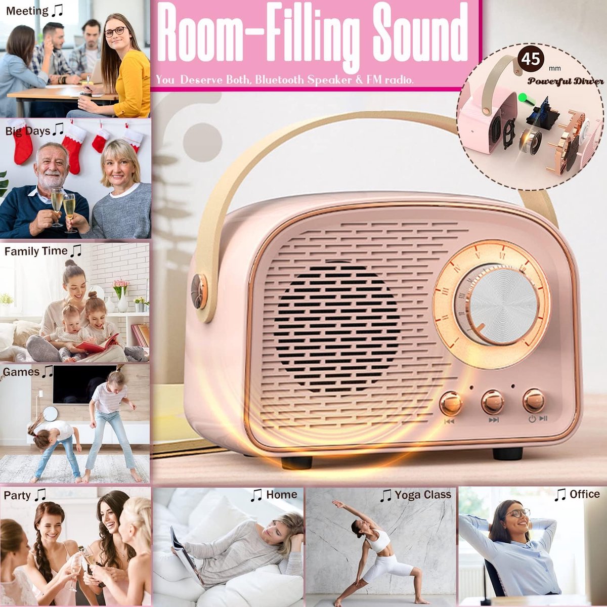 Bluetooth speaker mini draagbaar roze