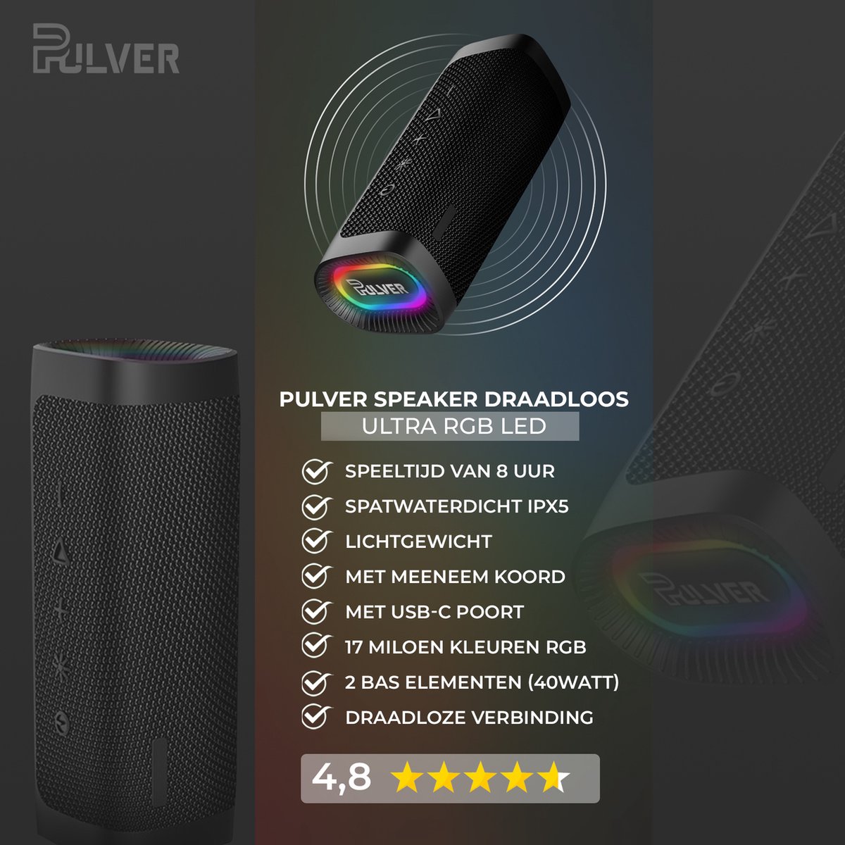 Pulver Ultra RGB Led Draadloze Bluetooth Speaker Zwart