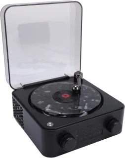 Retro Bluetooth-speaker in platenspeler-stijl, hoogglans zwart