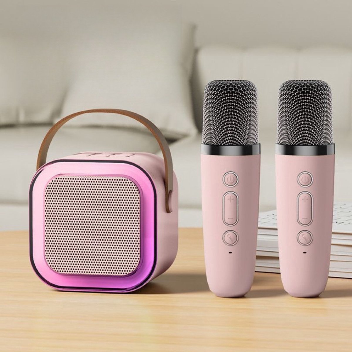 Retro Bluetooth speaker set met 2 microfoons roze
