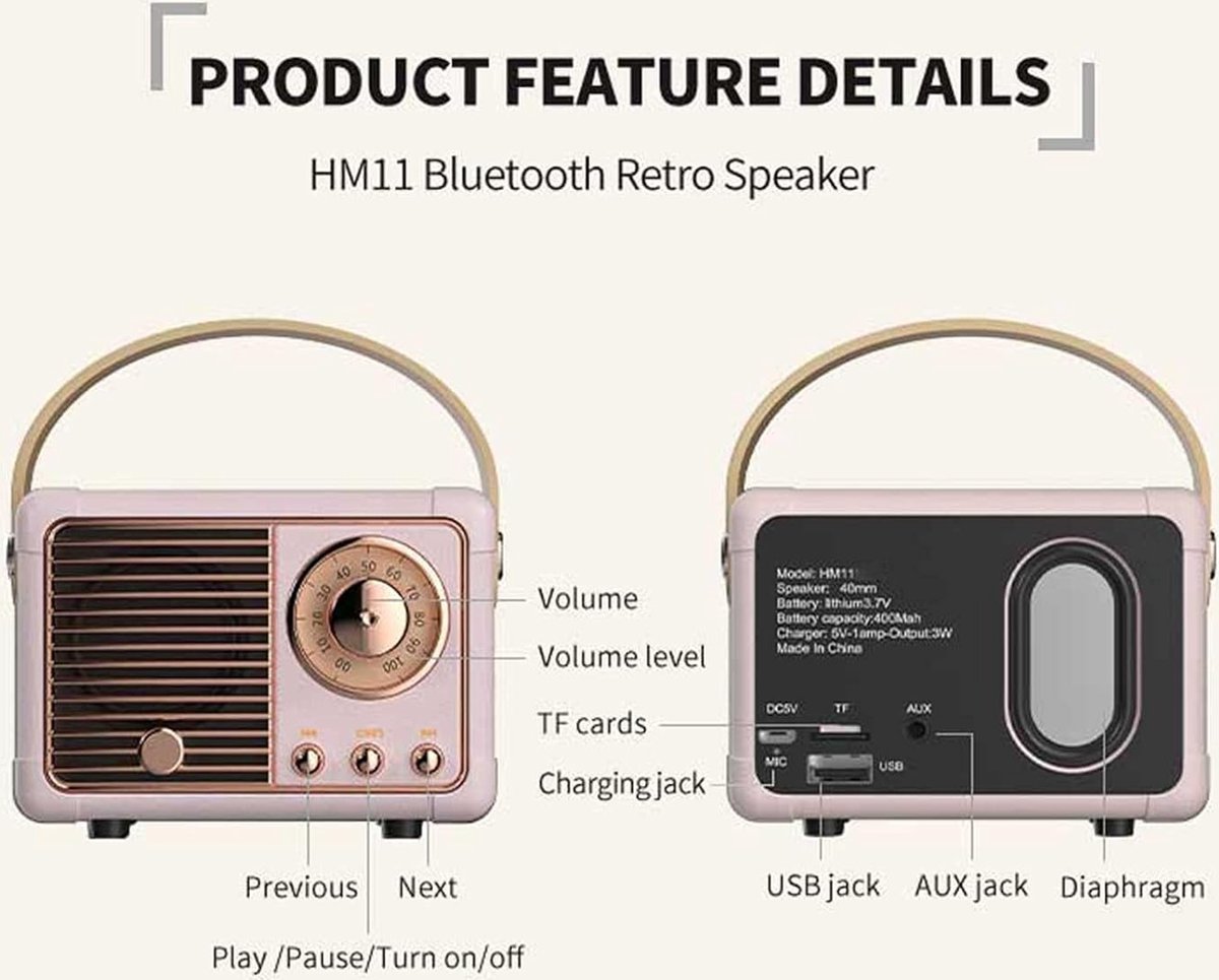 Retro vintage draagbare bluetooth speaker roze
