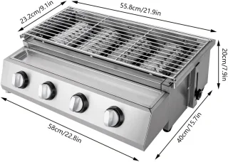 Gasbarbecue - Rookloze BBQ Grill - 4 Branders - Roestvrij Staal - Draagbare LPG Buitenkeuken - In Hoogte Verstelbare Gasgrill - Met Olieopvangbak - Tafelmodel BBQ - 58x40x20 cm - Tuin Terras Balkon Camping