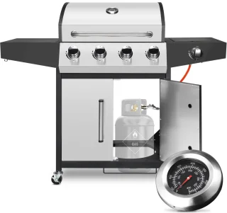 BBQ 5 in 1 - Barbecue op gas - Zilver - Thermostaat - Olievanger accessoires - Gasgrill met zijbrander