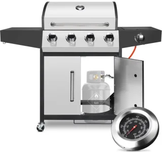 BBQ 5 in 1 - Barbecue op gas - Zilver - Thermostaat - Olievanger accessoires - Gasgrill met zijbrander