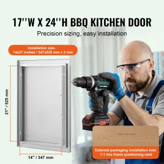 Bbq Toegangsdeur, 432 X 610 mm, Enkele Deur voor Buitenkeuken, Inbouw in Roestvrij Staal, Verticale Wandmontage met Handgreep voor Bbq-Eilanden en Barbecuestations 6+