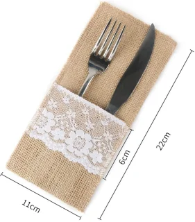 12 stuks jute bestekzakjes met vintage kant, stijl D