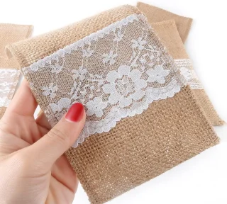 12 stuks jute bestekzakjes met vintage kant, stijl D