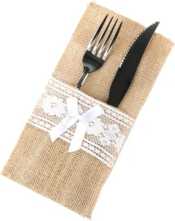 12 stuks jute bestekzakjes met vintage kant, stijl D