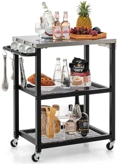 Buitenkeuken BBQ Trolley - Hout/Metaal - Zwart/Zilver