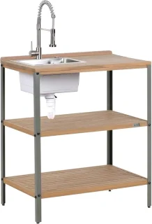 Buitenkeuken eiland met houten aanrecht en spoelbak 80 x 92 cm bruin