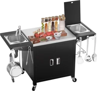 Buitenkeuken trolley – keukenwagen serveerwagen – zwart