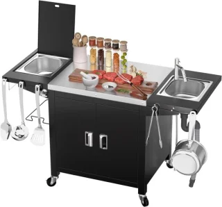 Buitenkeuken trolley met spoelbak - 155 x 63 x 89 cm - zwart