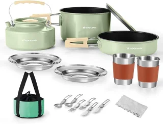 Camping kookset met antiaanbakpan, rvs keukengerei en koffiepot