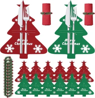 Couvert Kerst, 12 stuks Porte Couvert van vilt en 12 servetringen
