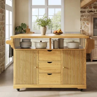 COVREO keuken eiland 142,5 x 80 x 95 cm bruin, 3 lades