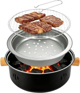 Draagbare houtskoolgrill voor binnen en buiten, mini bbq met bakrooster van 26,5 cm, zwart