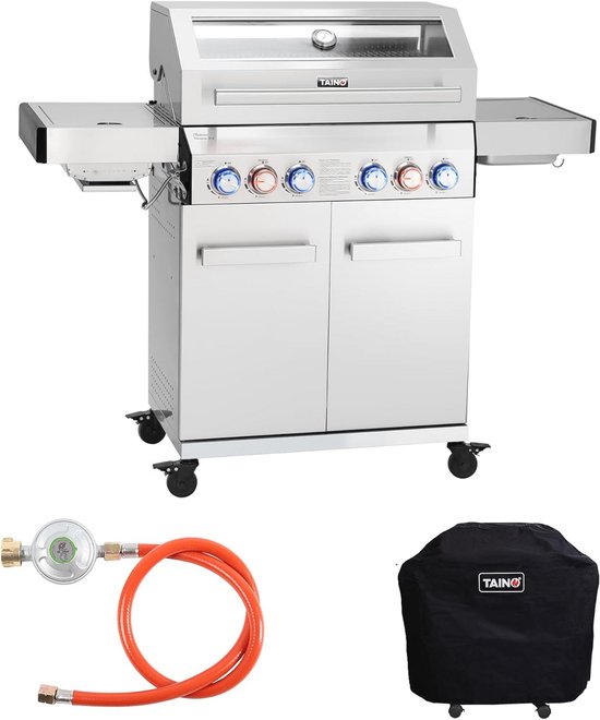 Gasbarbecue 4 branders roestvrij staal met schroeibrander en afdekhoes review