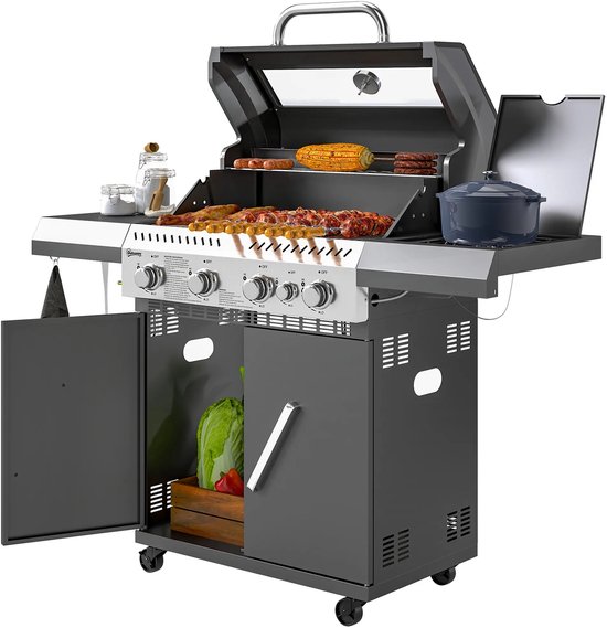 Gasbarbecue 5 branders zilver/zwart met slang en thermometer review