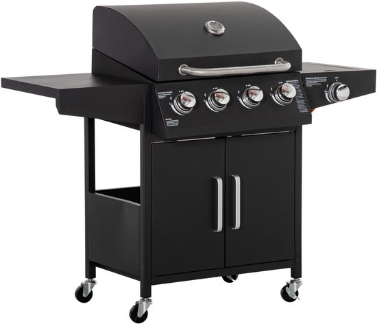Gasbarbecue 5 Branders Zwart Met Slang En Thermometer
