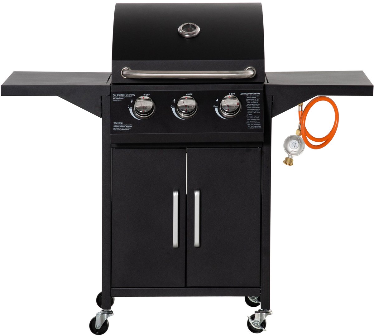 De Gasbarbecue Zwart 3 Branders Met Slang en Thermometer in één oogopslag