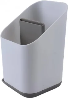 Grijze keukenspoelbak met bestek- en gebruiksvoorwerpenhouder