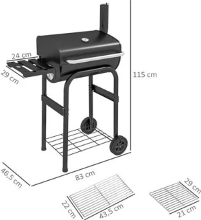 Houtskoolgrill – barbecue – smoker – BBQ grill – kolengril – zwart – groot grilloppervlak 83x46,5 cm – ingebouwde thermometer