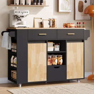 Keuken eiland wagen met klapbare werkbladverlenging, zwart houtlook, 120x45(71)x90 cm