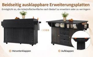Keukeneiland met uitklapbare bladen, zwart, MDF en metaal